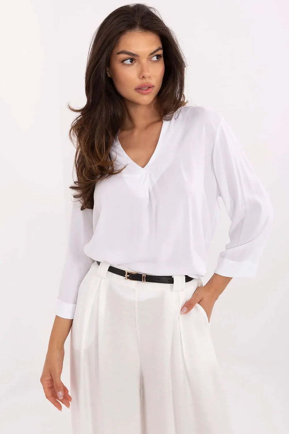 chemisier Sublevel viscose écologique fluide léger doux respirant col V manches troisquarts ample pli central poignets boutons finition blanc minimaliste