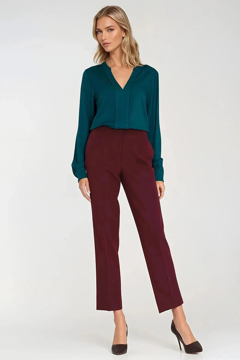 chemisier femme coupe régulière viscose légère aérienne col V fendu tunisien pli central manches longues poignets boutonnés vert canard élégant