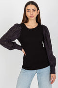 chemisier femme élégant manches longues volumineuses épaules bouffantes découpe laser ajouré coton stretch coupe ajustée col rond poignets structurés