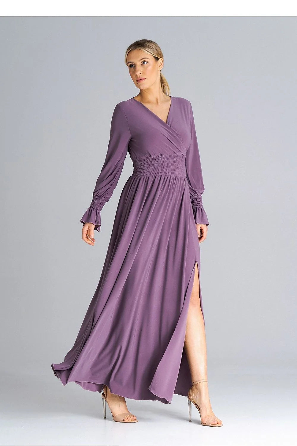 Robe de jour élégante longue empire V croisé manches longues smock polyester elastane taille haute femme