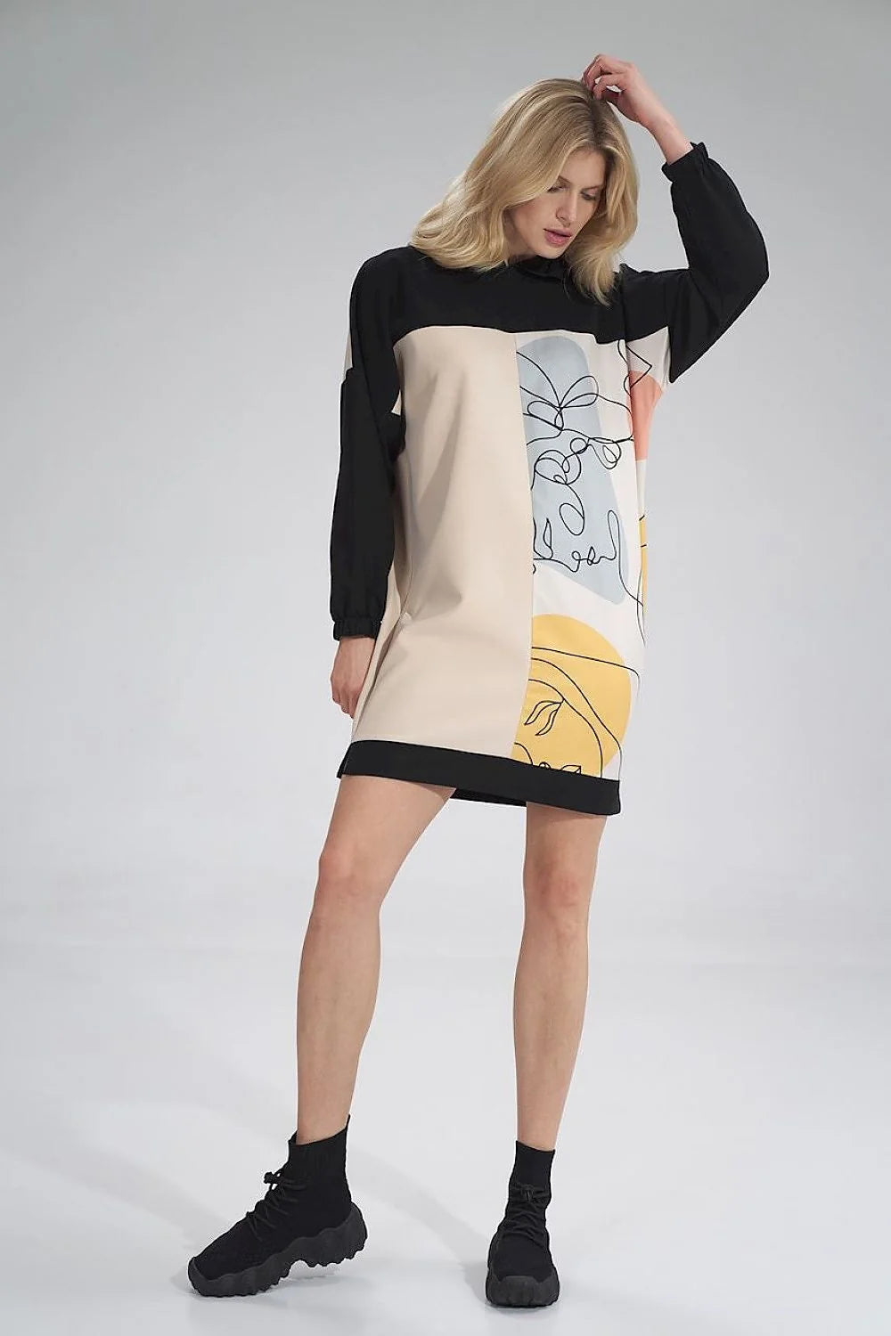 Robe moderne polyester coupe ample imprimé graphique artistique capuche manches longues couleurs multiples femme
