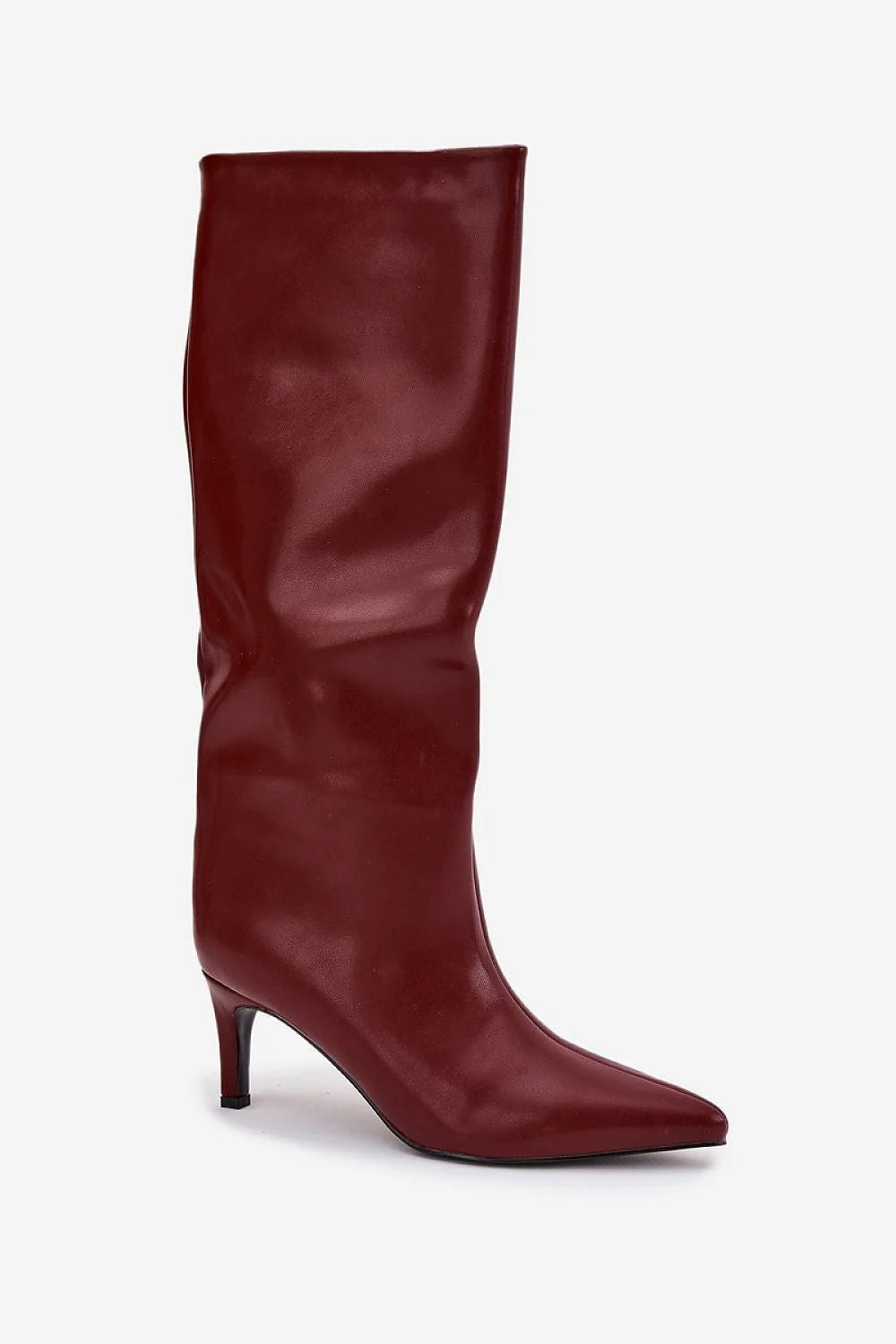 bottes femme montantes genou bout pointu talon fin 7 cm cuir synthétique bordeaux légèrement brillant tige froncée silhouette fuselée
