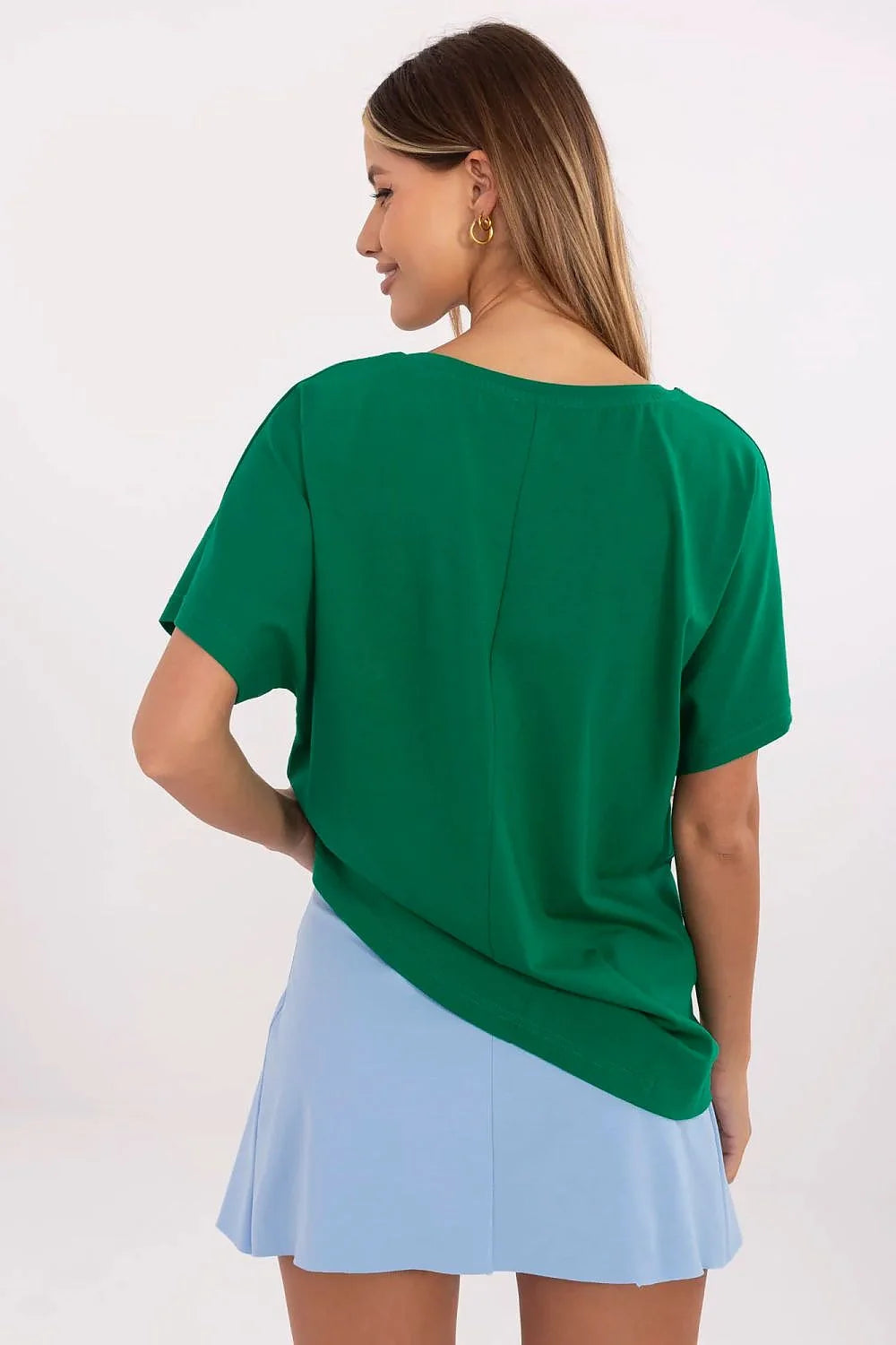 T-shirt femme en coton Manhattan New York Brooklyn College Team style urbain décontracté vert foncé imprimé manches courtes col rond associé jupe plissée bleu clair