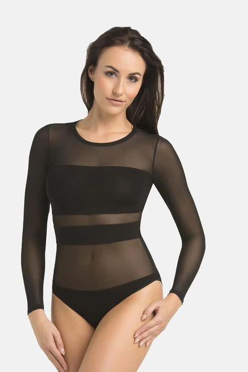Body sexy féminin en viscose transparent opaque manches longues silhouette structurée corset élégant lingerie ajustée femme