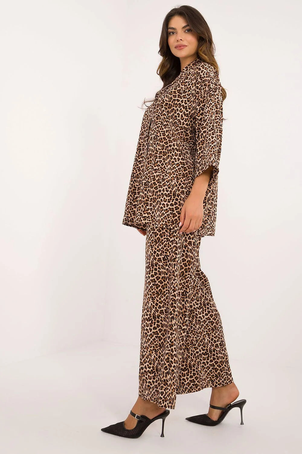 Ensemble Italy Moda tunique pantalon large leopard print wide legs élastique taille boutons col classique beige marron