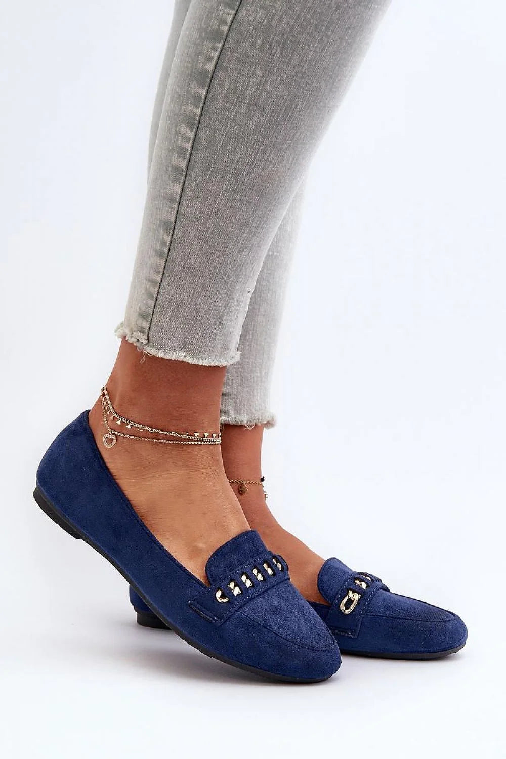 Mocassins pour femme en cuir suédé écologique, style élégant, chaîne dorée, semelle antidérapante, confort tout au long de la journée