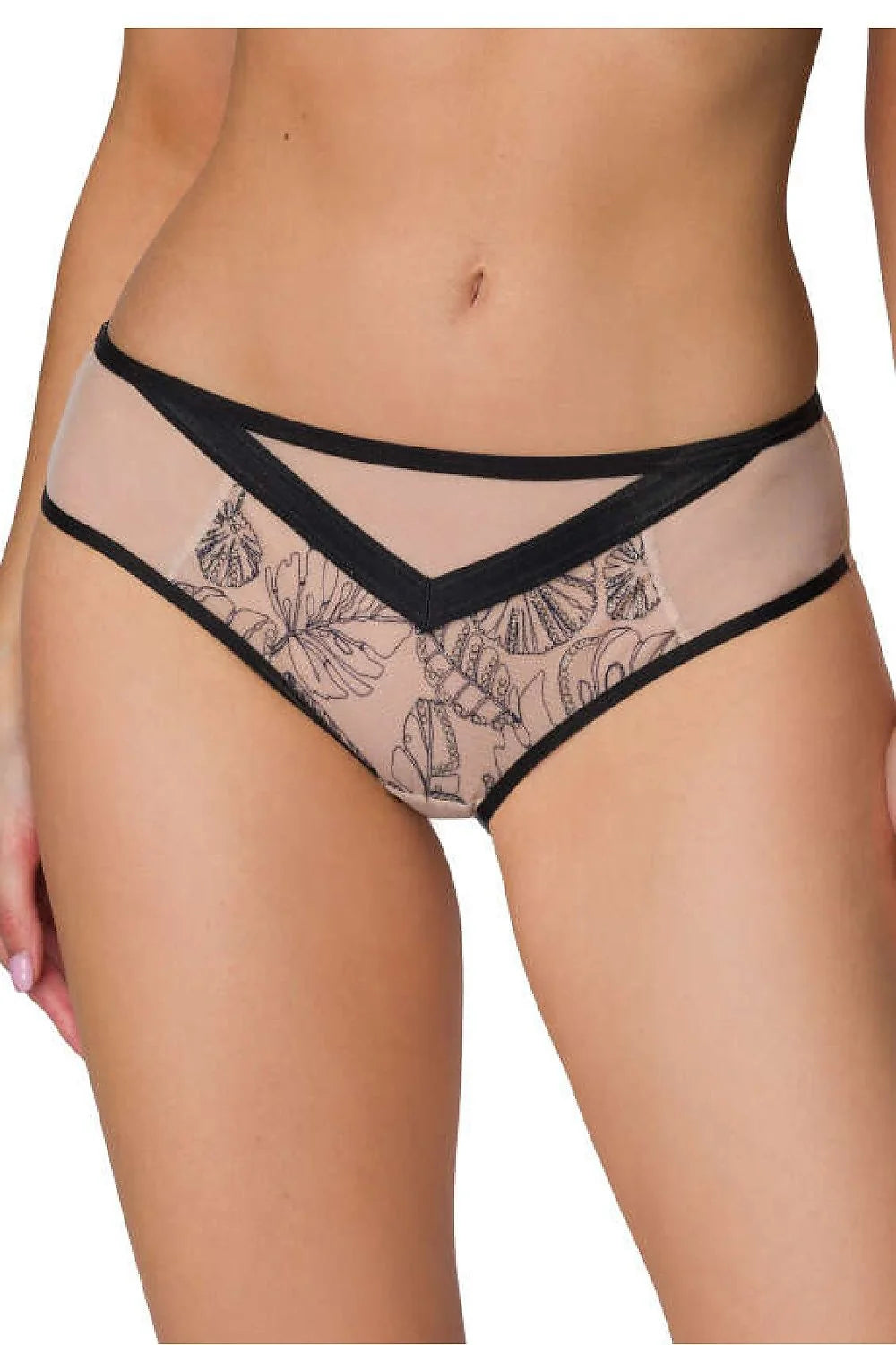 Culotte féminine élégante en tissu transparent brodé floral noir nude taille mi-haute coupe classique occasion spéciale luxe dentelle tulle