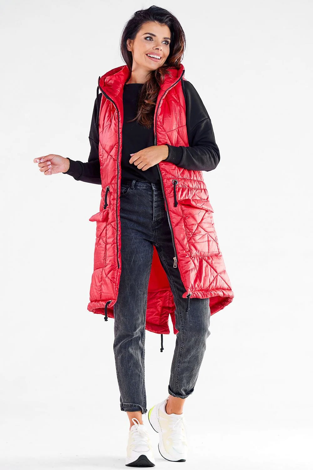 Gilet longue ligne épurée matelassé rouge femme automne hiver polyester 100% capuche cordon serrage poches