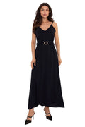 Robe de jour élégante Och Bella summer maxi robe à bretelles décolleté V volant noir fluide femme