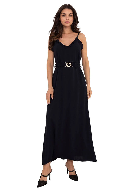 Robe de jour élégante Och Bella summer maxi robe à bretelles décolleté V volant noir fluide femme