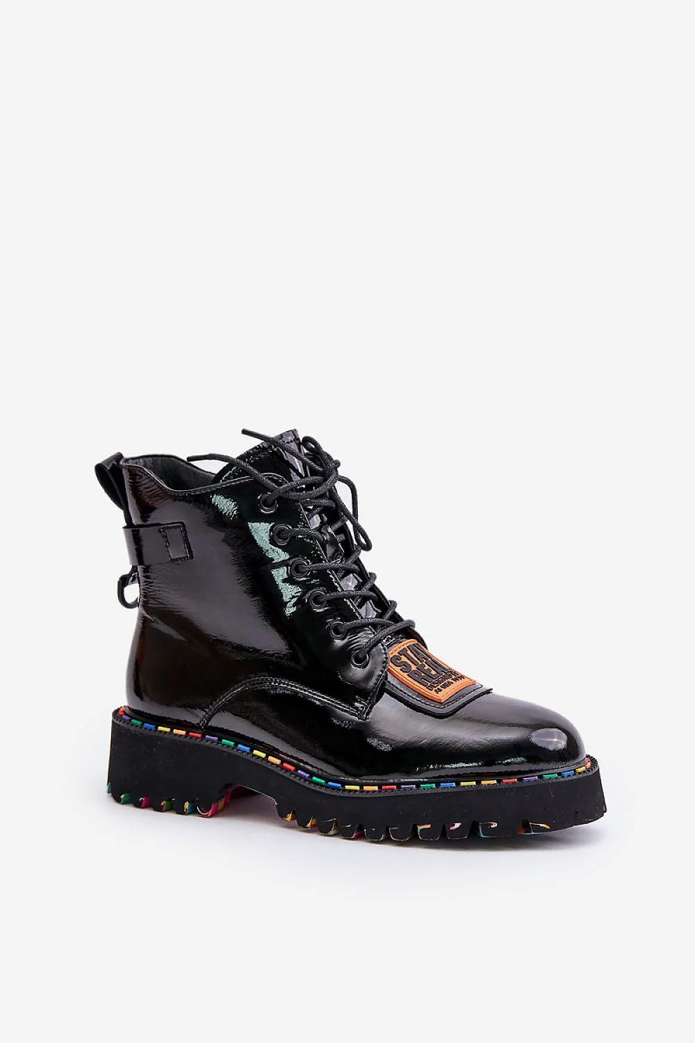 Bottines pour femmes design moderne audacieux cuir verni noir semelle multicolore luxe urbain mode style élégance