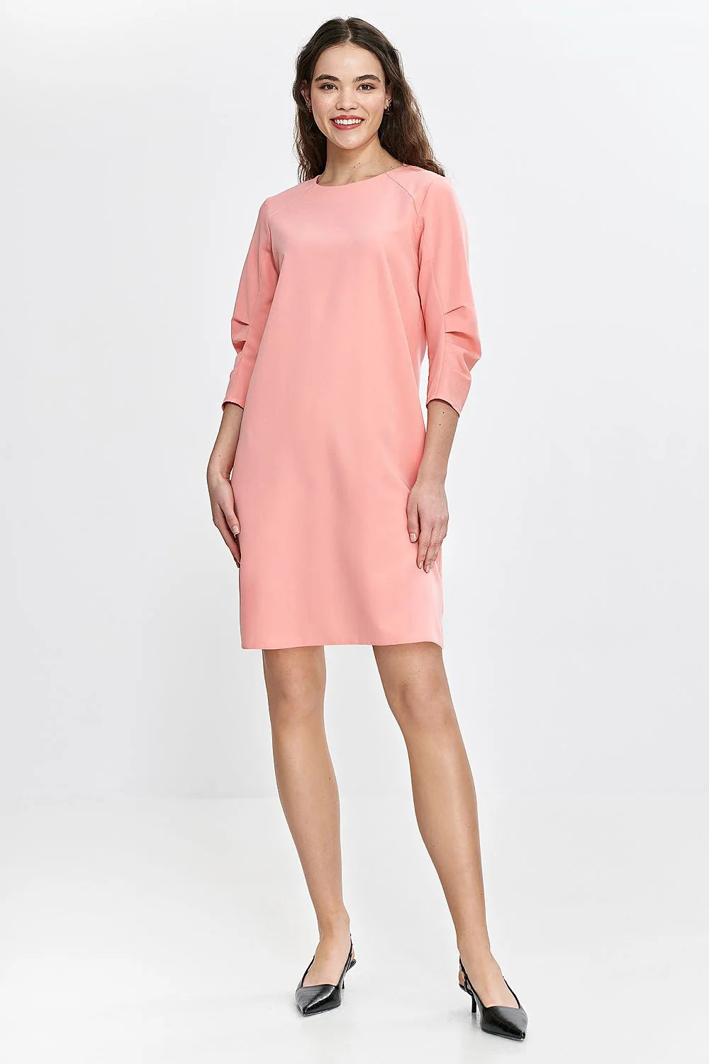 Robe de jour élégante A-line manches 3/4 encolure ronde rose saumon confortable polyvalente femme elasthane 2