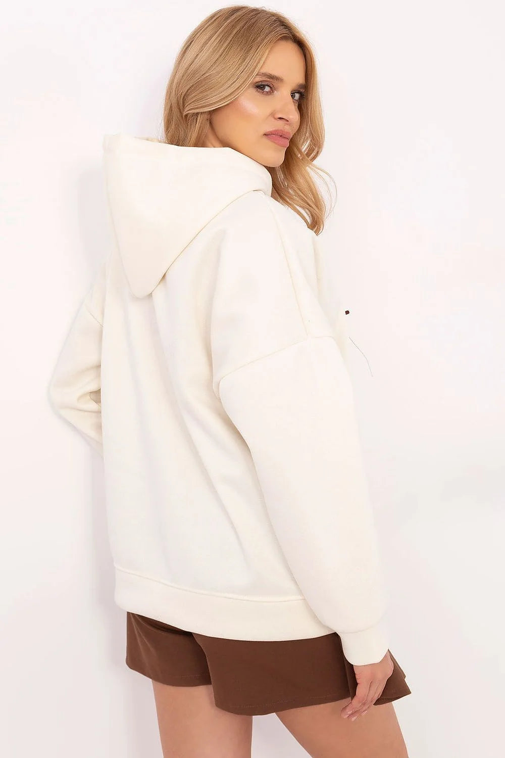 Sweatshirt à capuche pour femme design ours en peluche couleur crème manches longues poche kangourou
