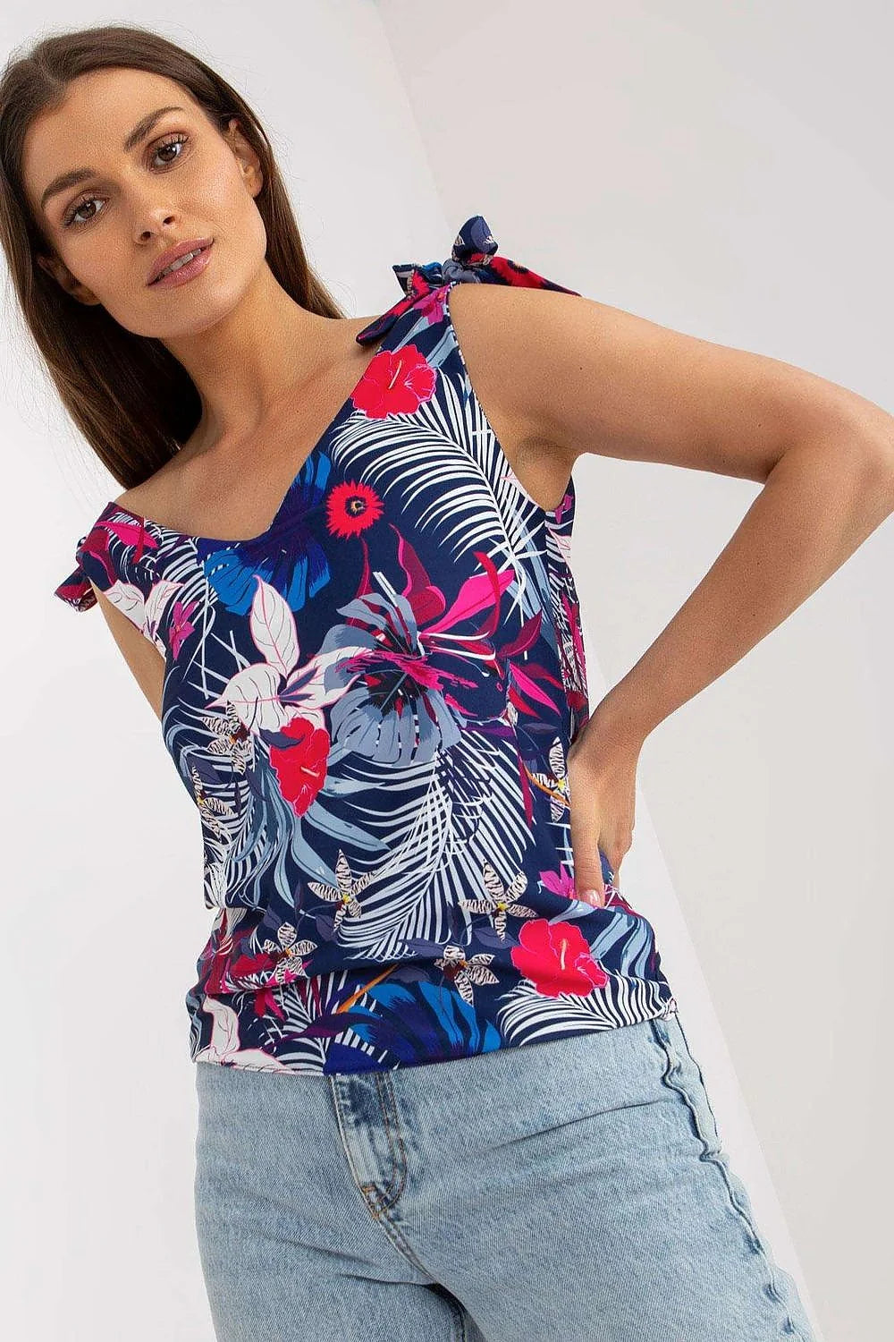 Top sans manches floral tropical femme col V nœuds décoratifs coupe ajustée style casual matériau respirant polyester 100% Taille S M L