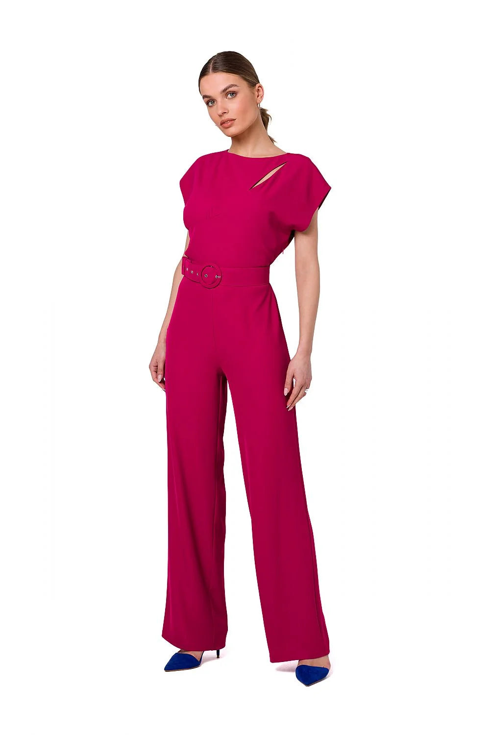 combinaison fuchsia asymétrique élégante fluide ceinturée taillehaute palazzo jambes larges encolure ronde manches courtes découpe poitrine subtile tissu polyester elasthanne