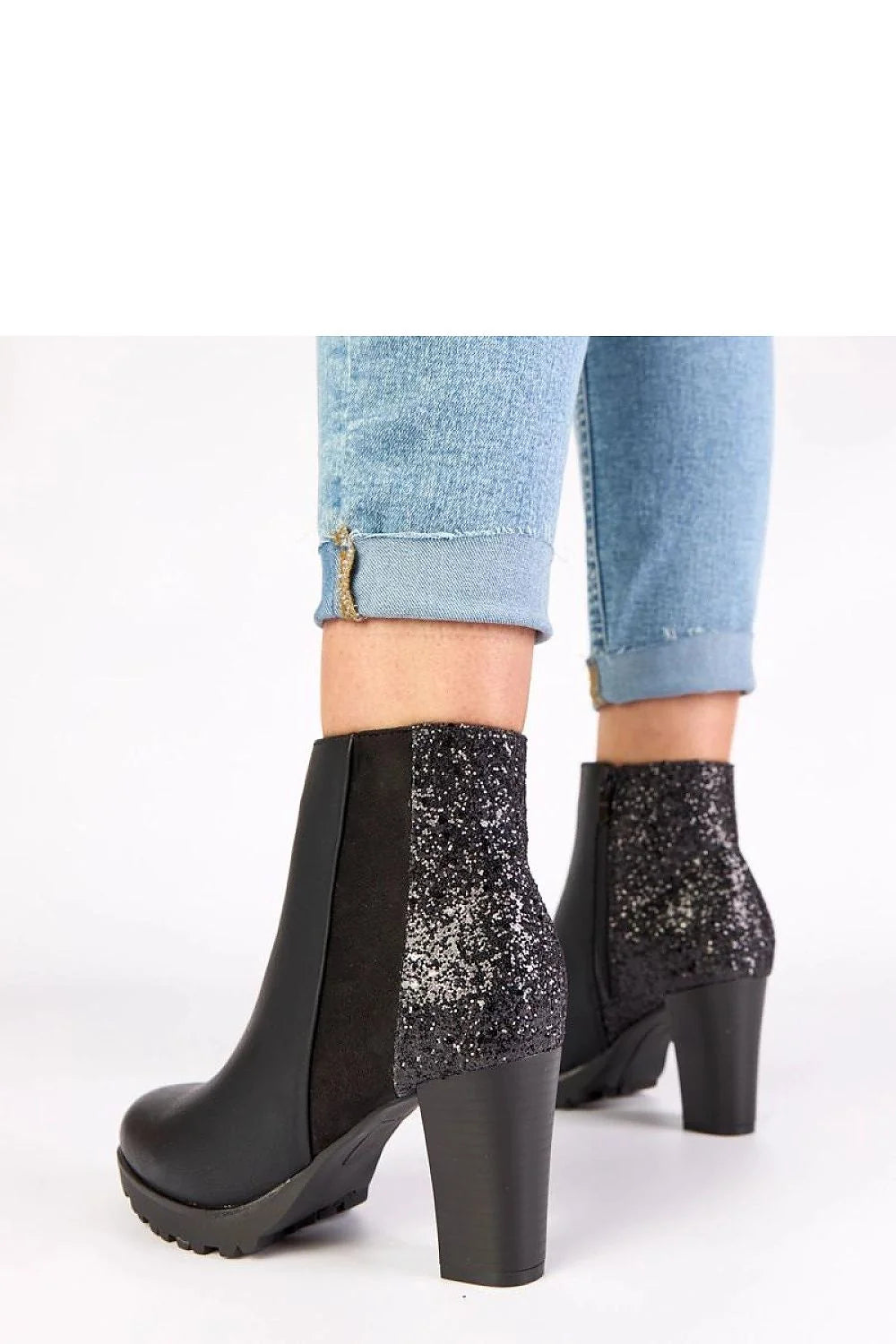 bottines noires femme montantes talon 8cm carré stable similicuir pointe amande dos brocart ambre suède pailleté semelle crantée antidérapante confort
