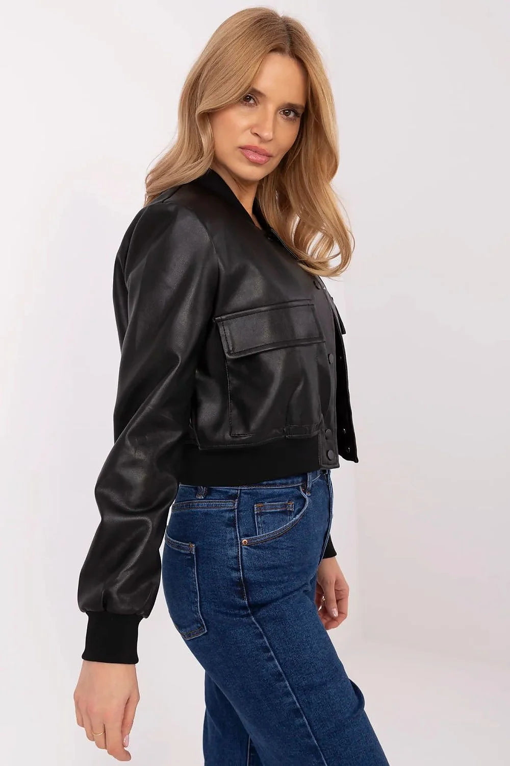 Veste bomber NM simili cuir noire femme manches longues coupe ajustée urbaine moderne