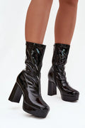 bottes femme mi mollet verni noir talon bloc haut plateforme compensée bout arrondi carré tige ajustée fermeture éclair doublure chaude