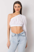 Chemisier asymétrique pour femme en coton blanc manche longue élastique encolure froncée style moderne coupe cropped