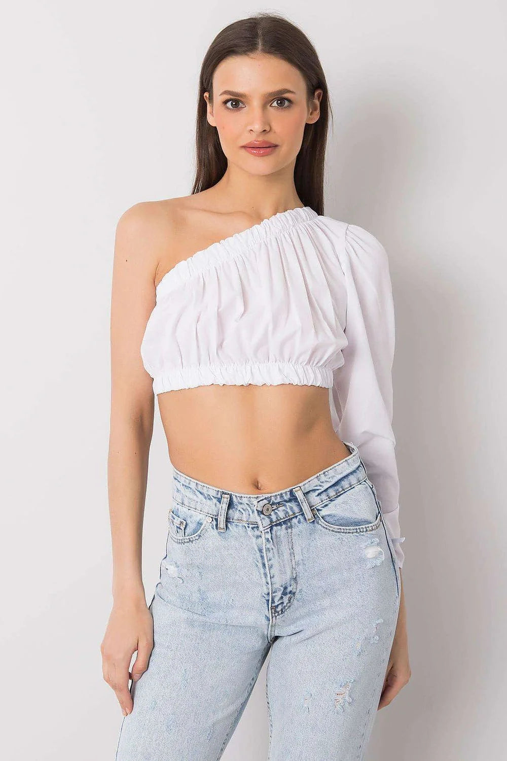 Chemisier asymétrique pour femme en coton blanc manche longue élastique encolure froncée style moderne coupe cropped
