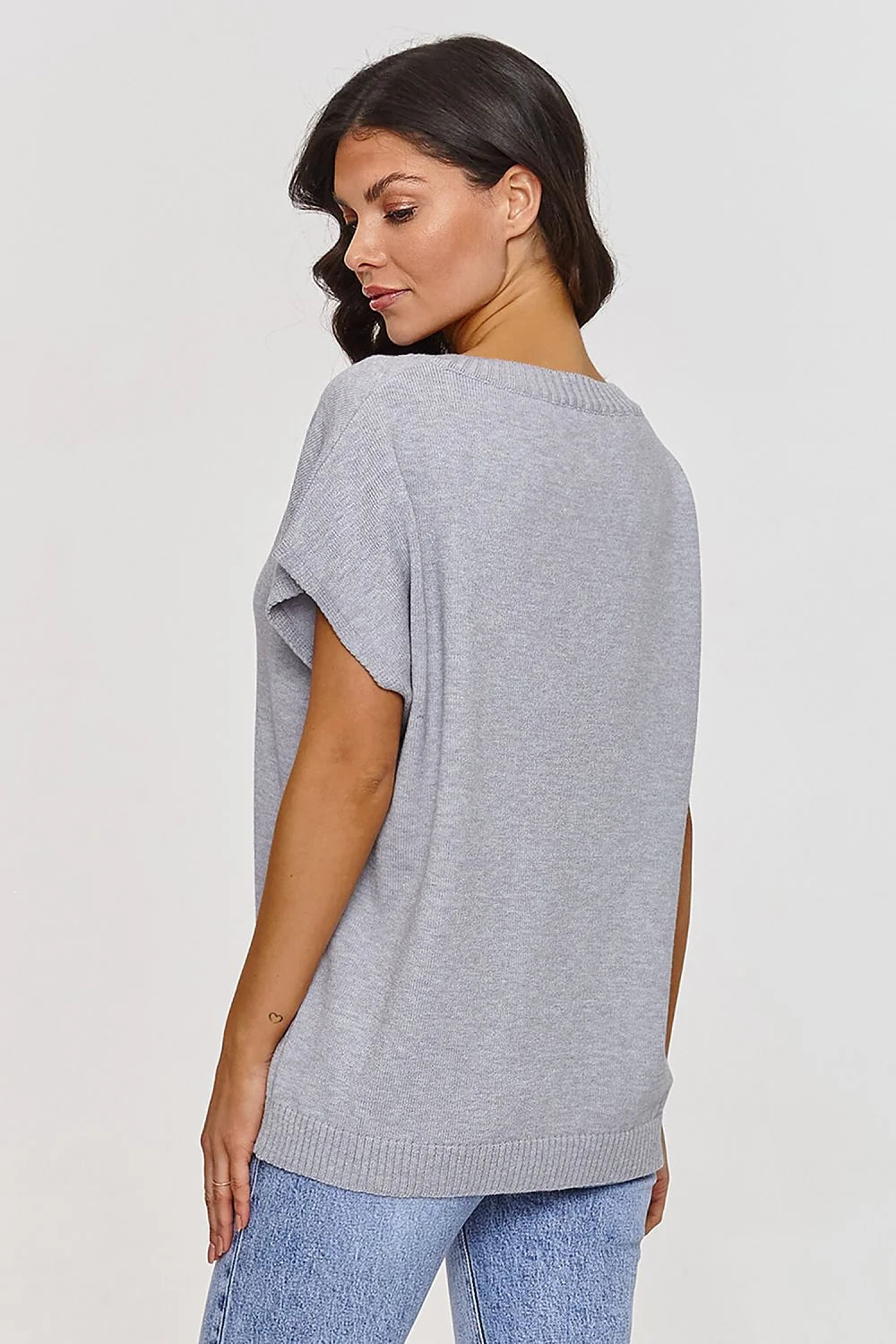 gilet Makadamia femme maille fine gris chiné colV manches courtes tombantes coupe ample oversize bordscotes respirant léger polyvalent