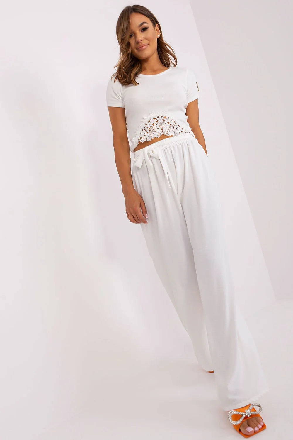 Pantalon femme Och Bella été large lien taille elasthanne polyester crop top dentelle florale sandales orange