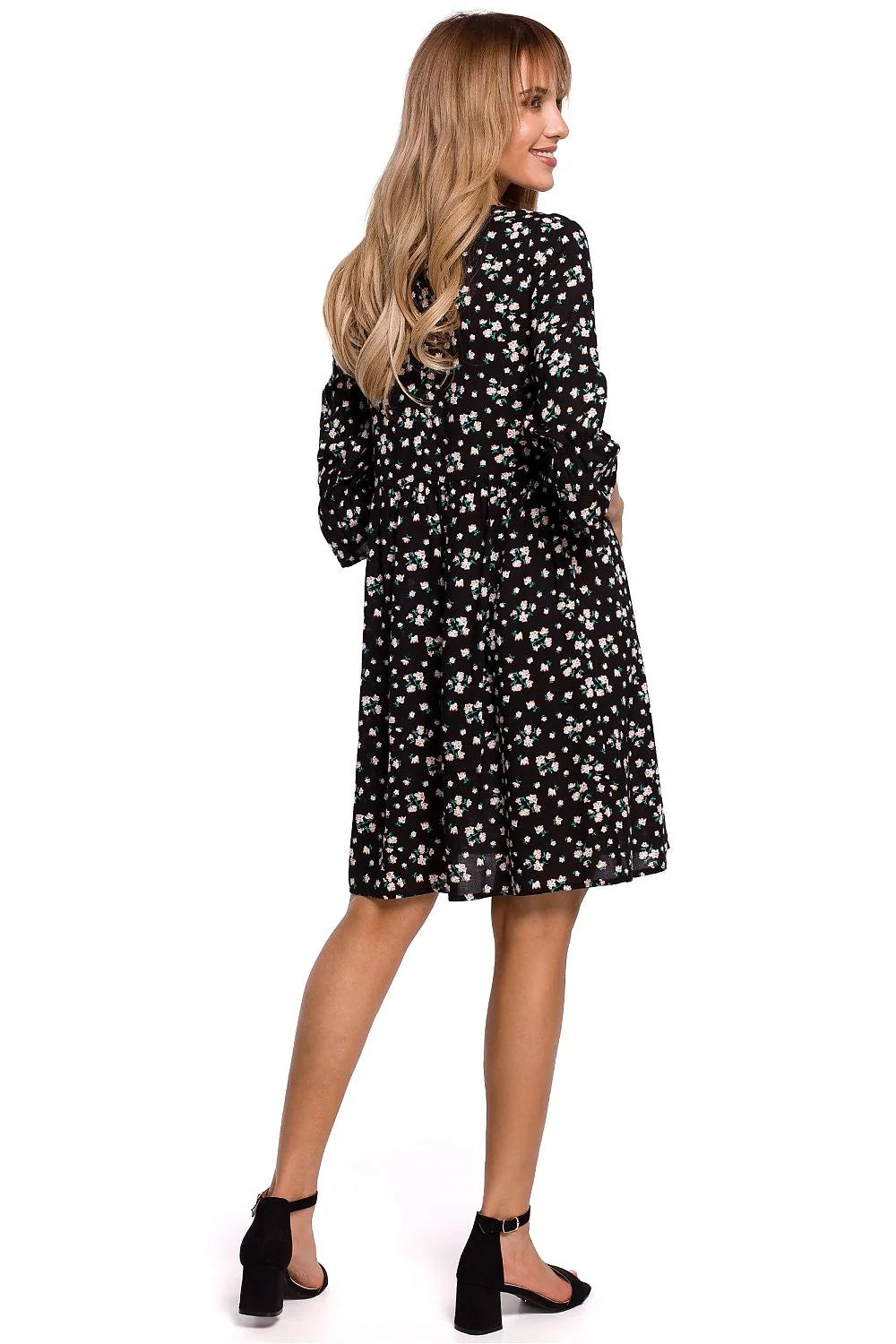 robe évasée viscose fluide imprimé floral noir délicat blanc rose vert manches troisquarts fronces col rond taille empire courte légère