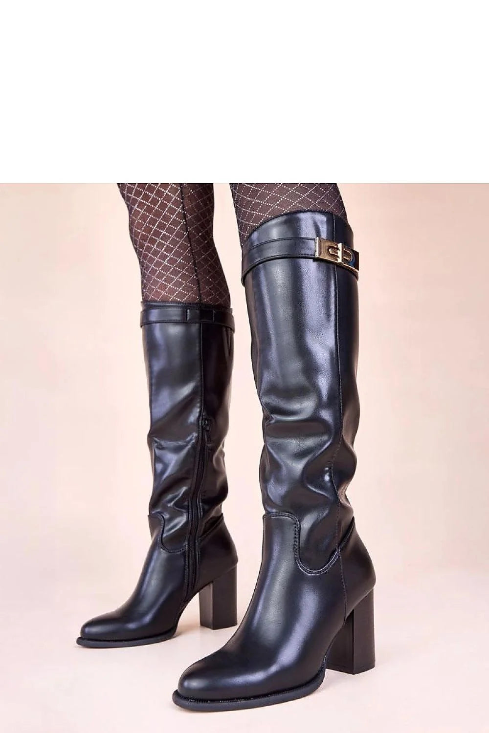 bottes hautes femme cuir artificiel talon bloc moyen stable noires bout arrondi zippée bride boucle dorée élégante intemporelle confortable urbaine