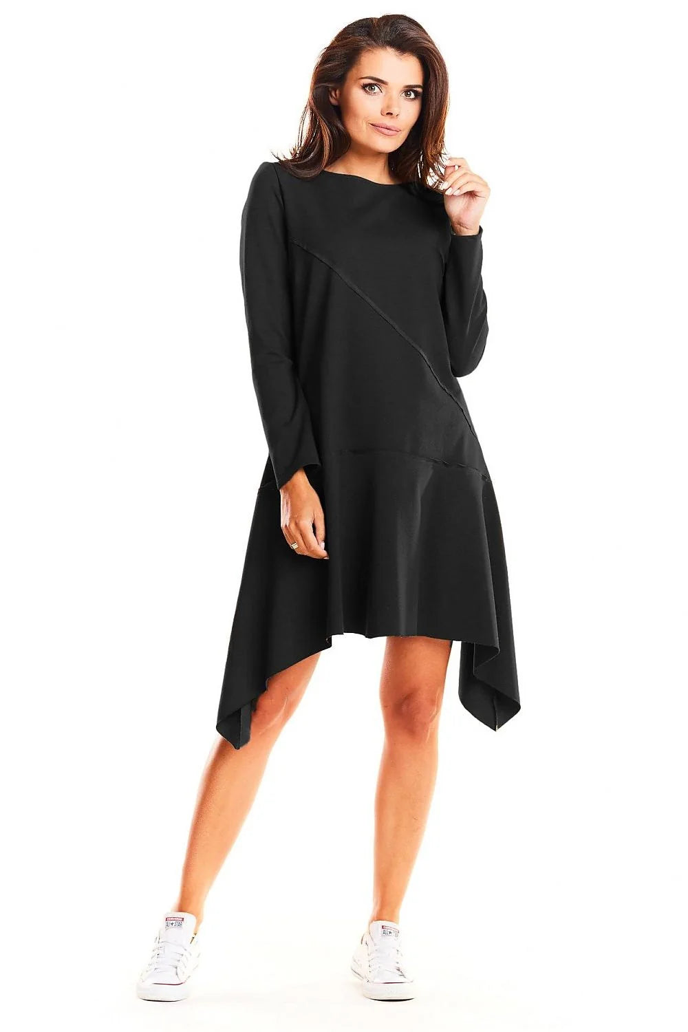 Robe bleu vif coton élasthanne polyester manches longues asymétrique moderne élégante décontractée féminine mode