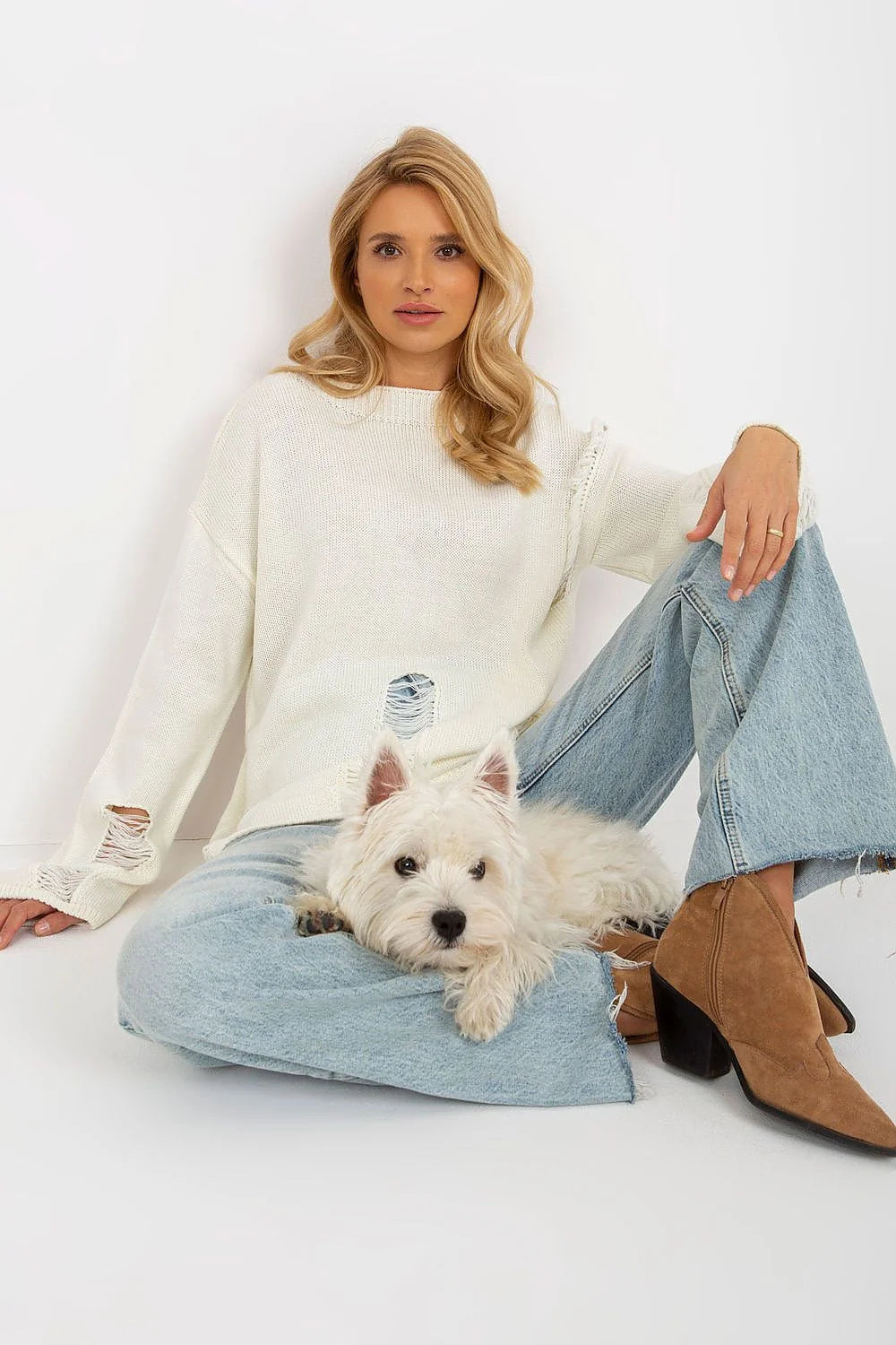 pull décontracté effet déchirure manches longues coton mélange femme casual chic blanc cassé coupe ample encolure bateau