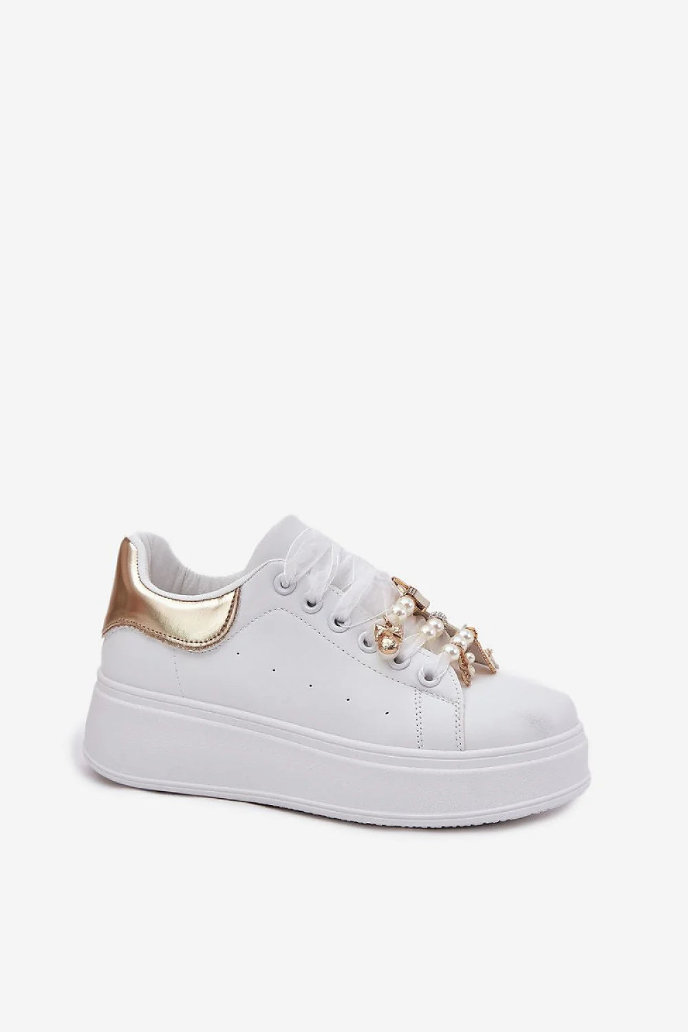 Chaussures de sport blanches pour femmes design contemporain élégant cuir synthétique basse doré plateforme confortable moderne