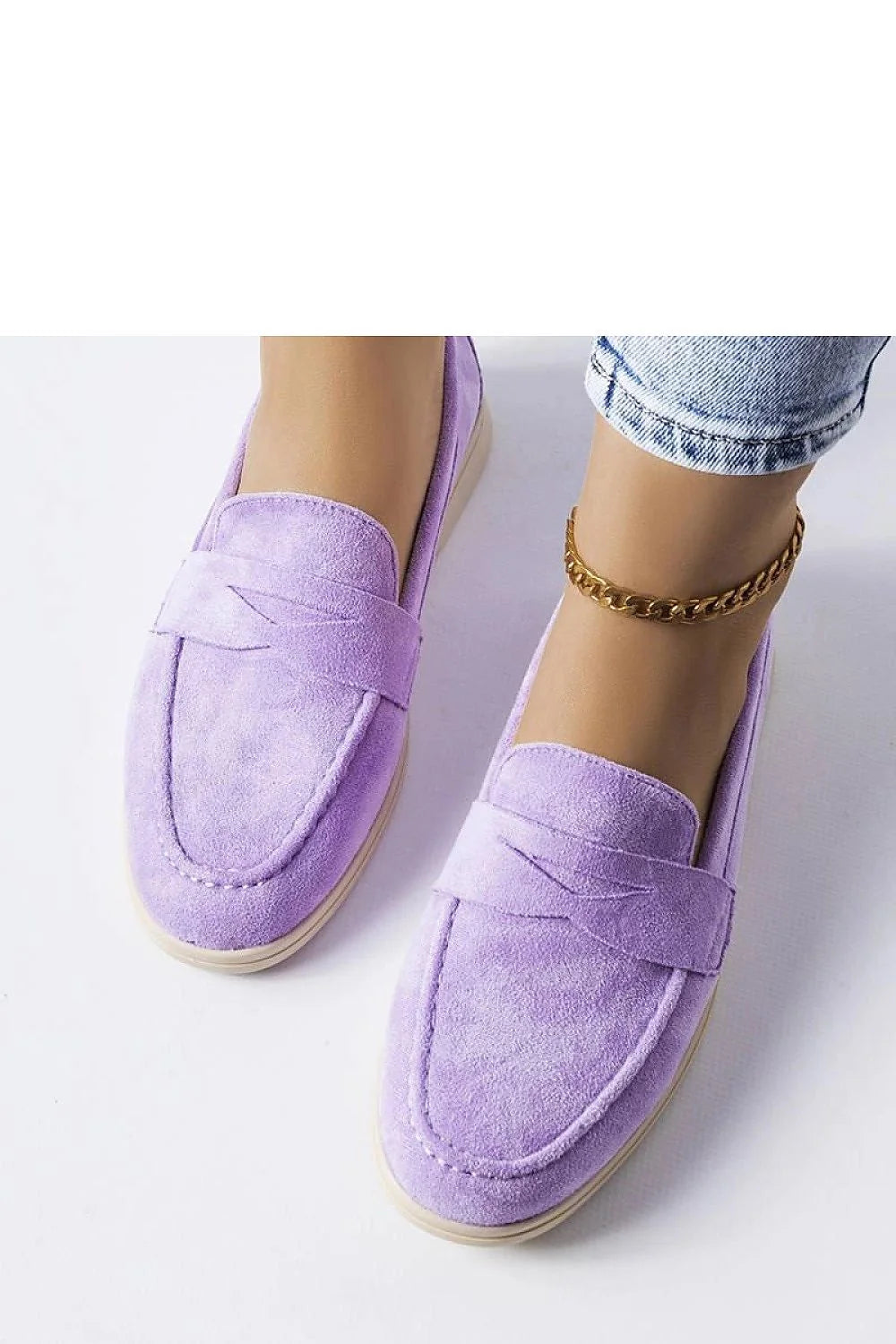 mocassins femme suédine lilas pastel slipon bout arrondi couture visible lanière penny semelle gomme beige plate petit talon rembourrée artisanale