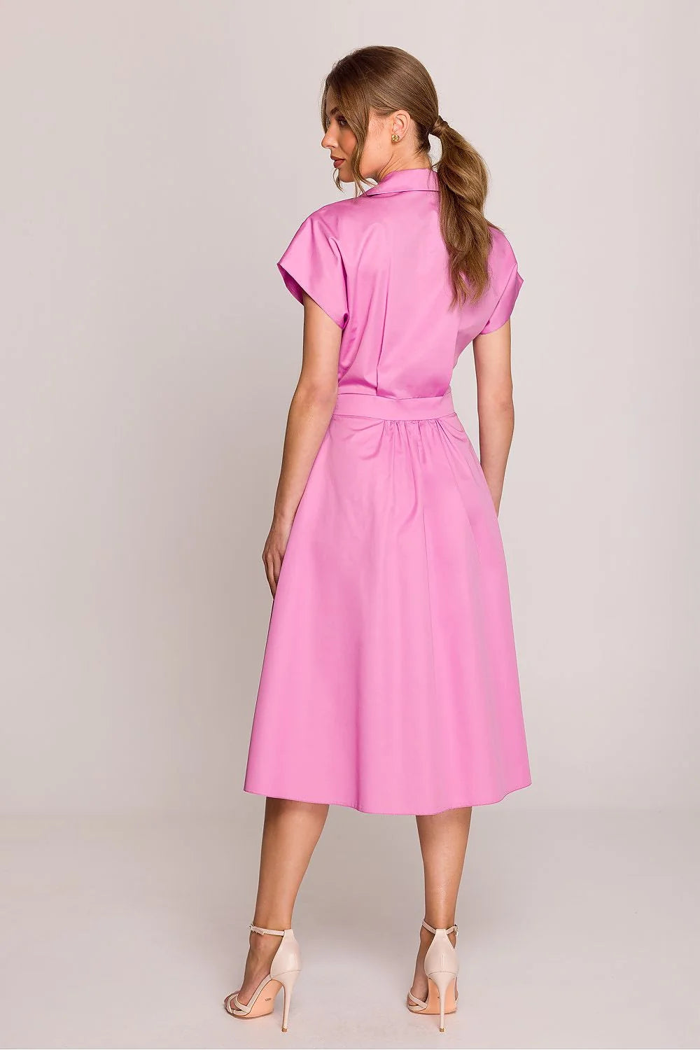 Robe de jour élégante A-line V-neck manches courtes ceinture tissu vibrant rose poplin femme