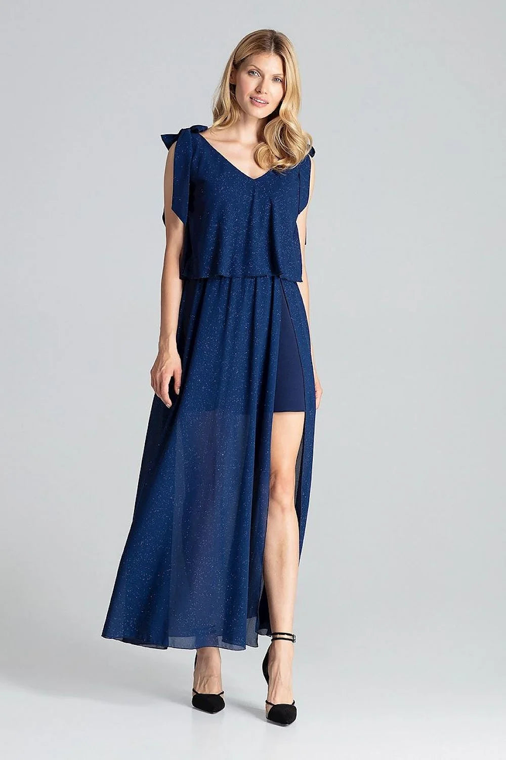 robe soirée longue rouge vif élégante cocktail polyester stretch col V profond sans manches taille élastiquée fente latérale