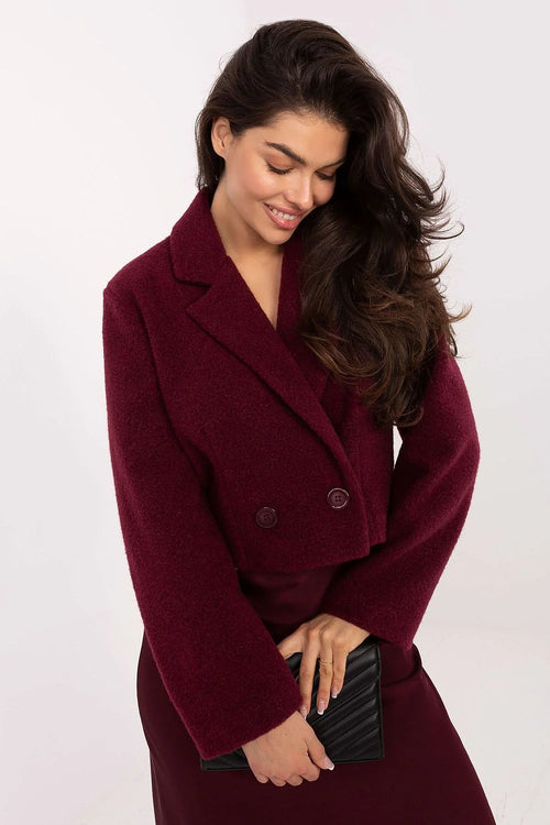 manteau court femme élégant automne polyester léger col classique revers larges double boutonnage manches longues coupe oversize bordeaux bouclée chic