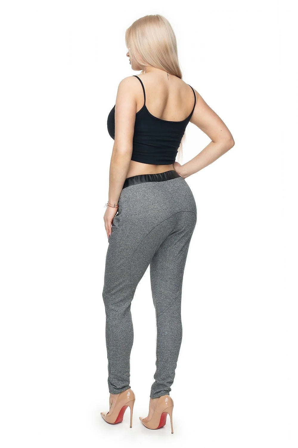 Pantalon femme Pee Ka Boo moderne audacieux coupe ajustée ceinture cuir synthétique motif chevron gris coton élasthanne taille basse femme