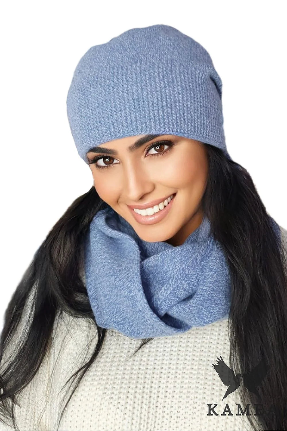 Ensemble hiver femme élégant écharpe snood bonnet beanie tricot laine doux couleur bleu clair多 taille ajustable