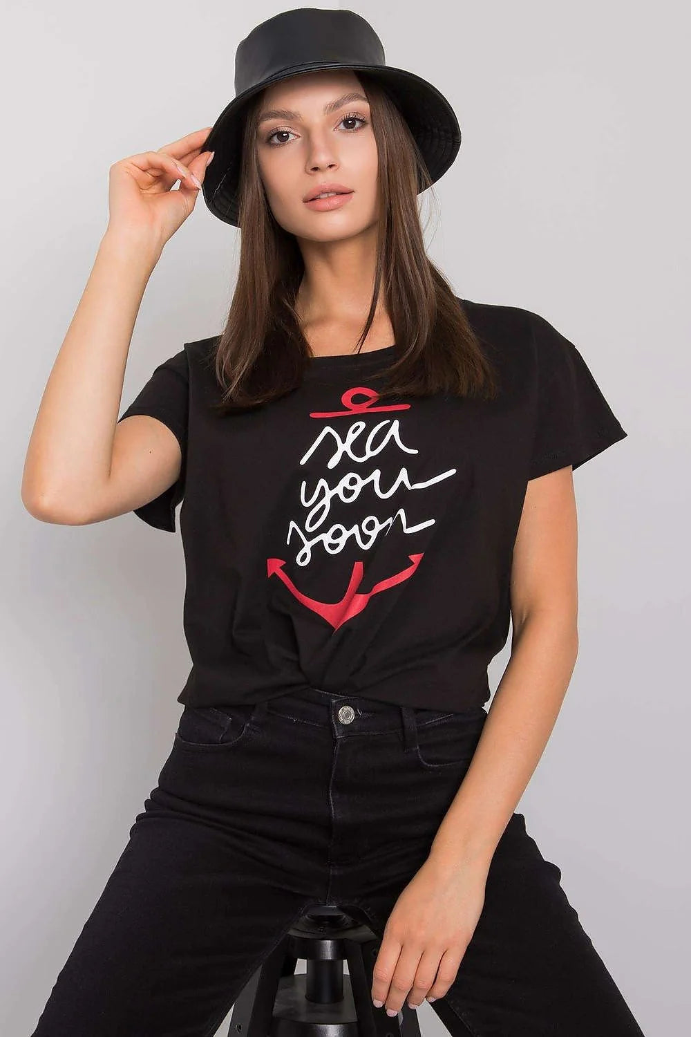 T-shirt pour femme design ancre 'sea you soon' vert menthe manches courtes col rond ajusté
