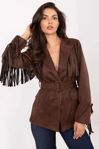veste suédine marron chocolat effet daim manches longues frangées style western chic col revers coupe cintrée ceinturée boucle recouverte doublée