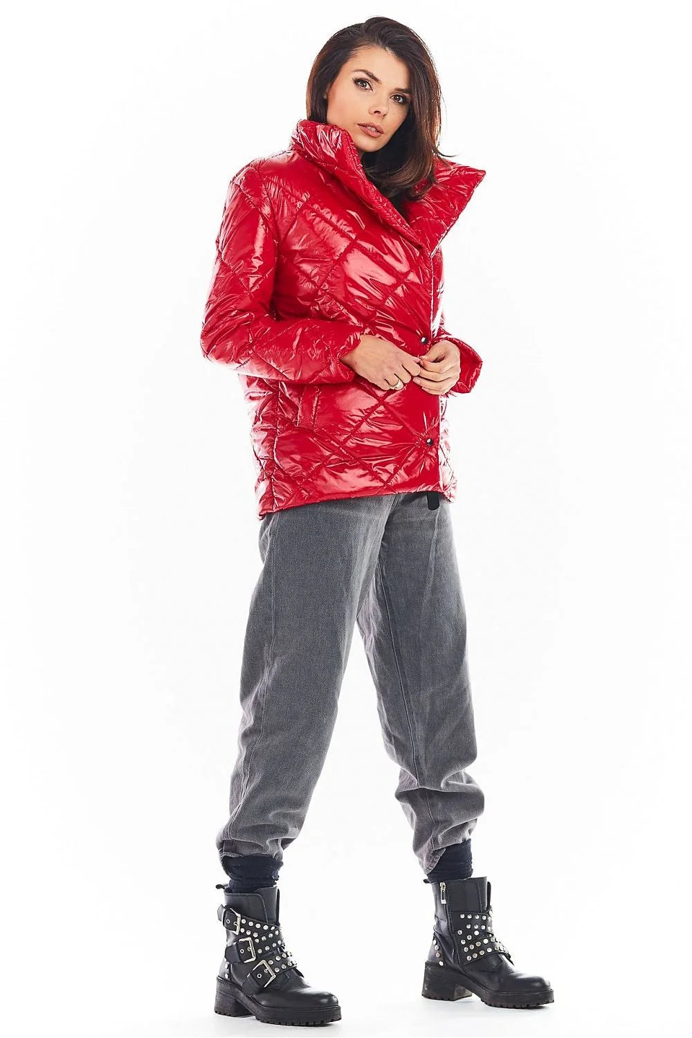 Veste matelassée femme polyester moderne élégante col relevable boutons pression poches latérales hiver stylé