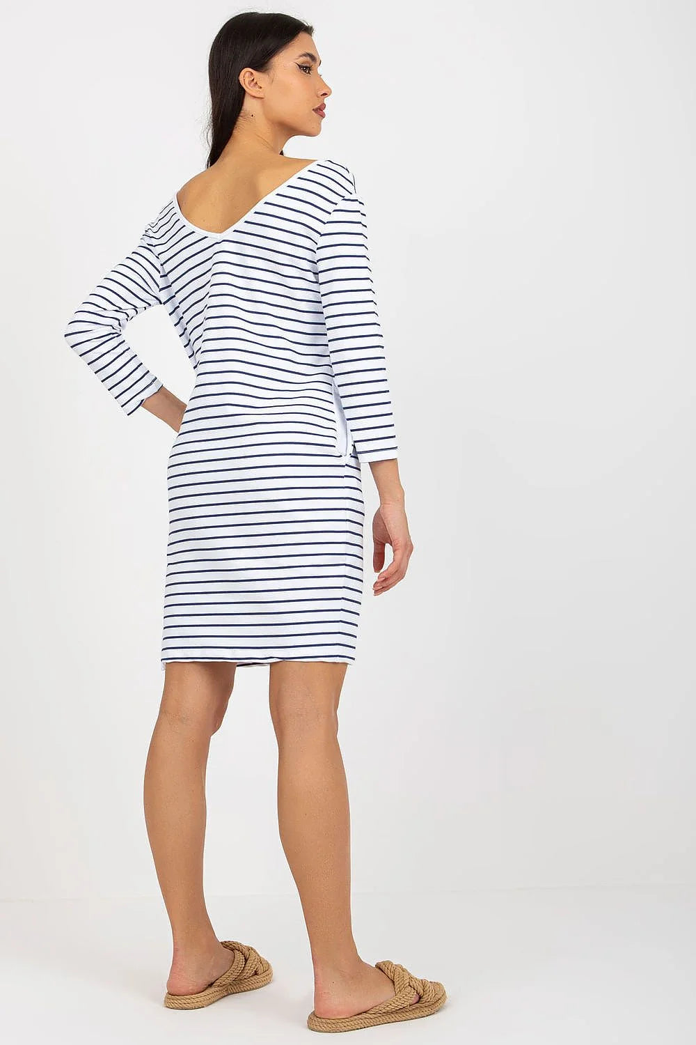 Robe de jour Och Bella en jersey rayures marine et blanc manches 3/4 encolure V fente latérale femmes