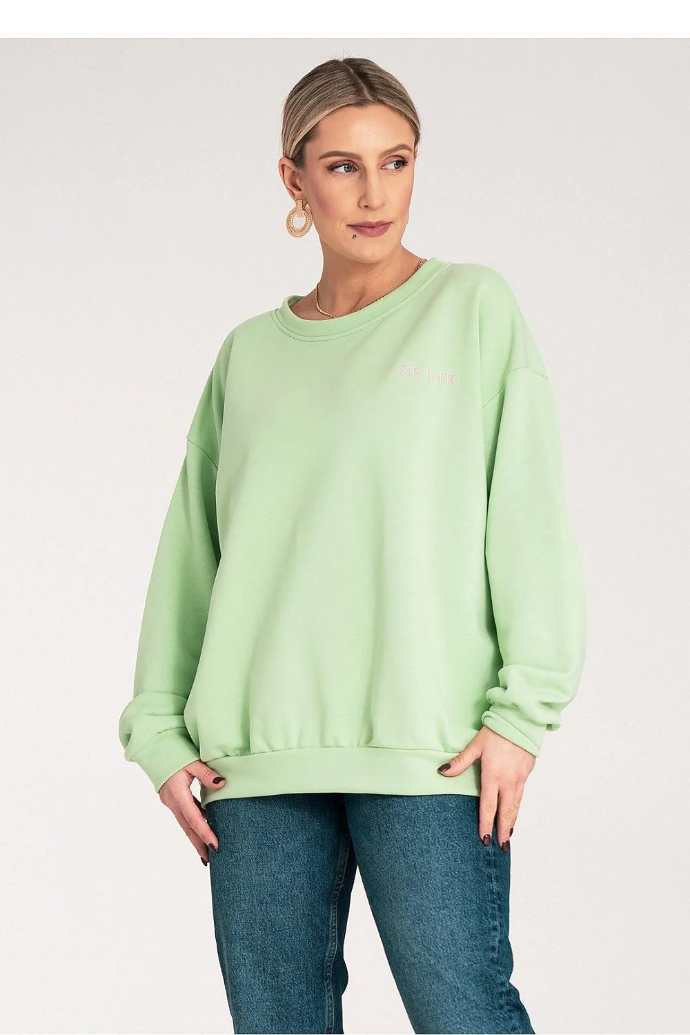 Sweatshirt femme décontracté vert pastel ample col rond coton polyester élastique poignets ourlet côtelé taille ajustable