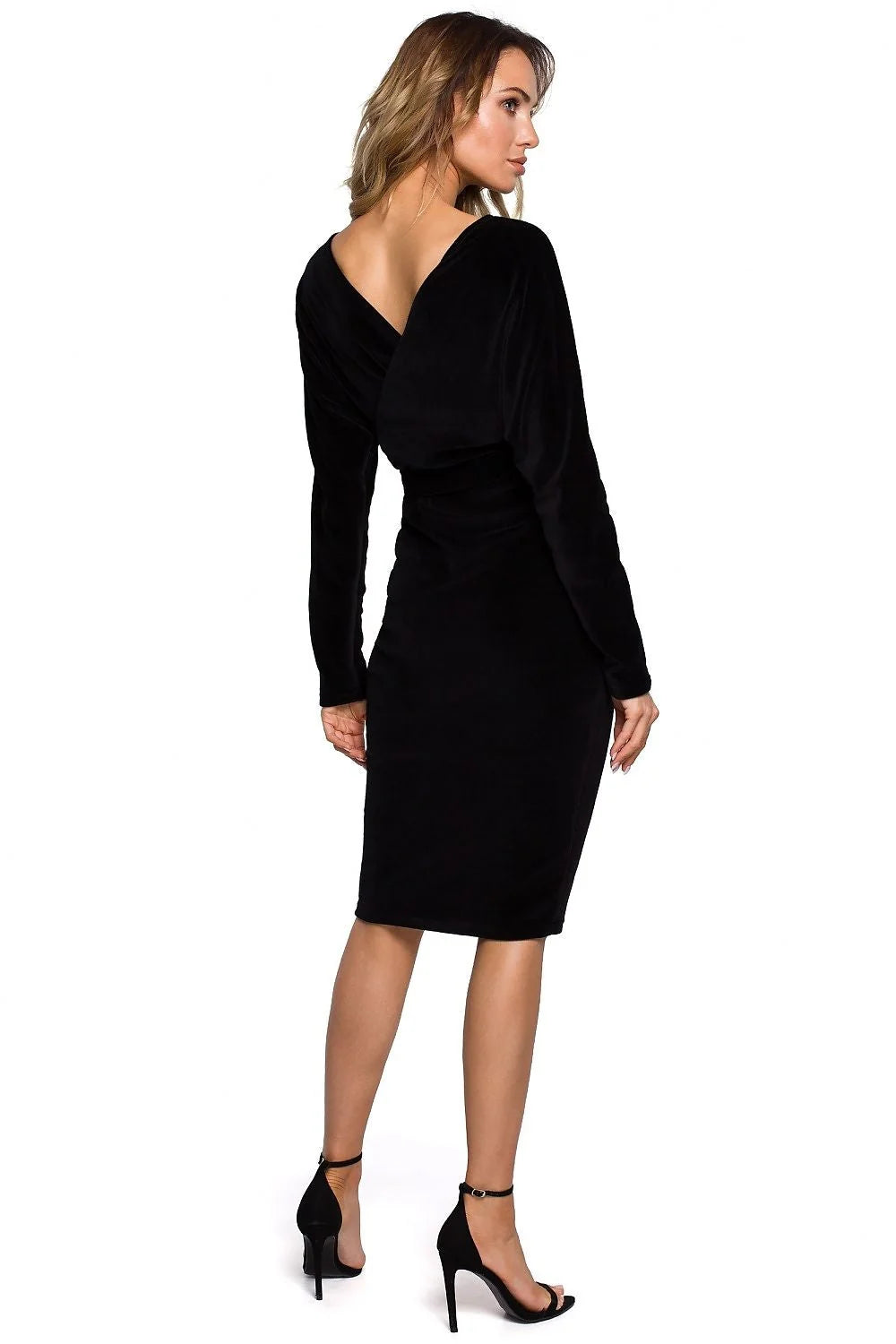 Robe élégante en velours noir, col V, manches longues, soirée chic, silhouette ajustée femme