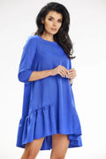 Robe de jour awama coupe trapèze mini manches 3/4 ruffle asymétrique bleu vif polyester femme