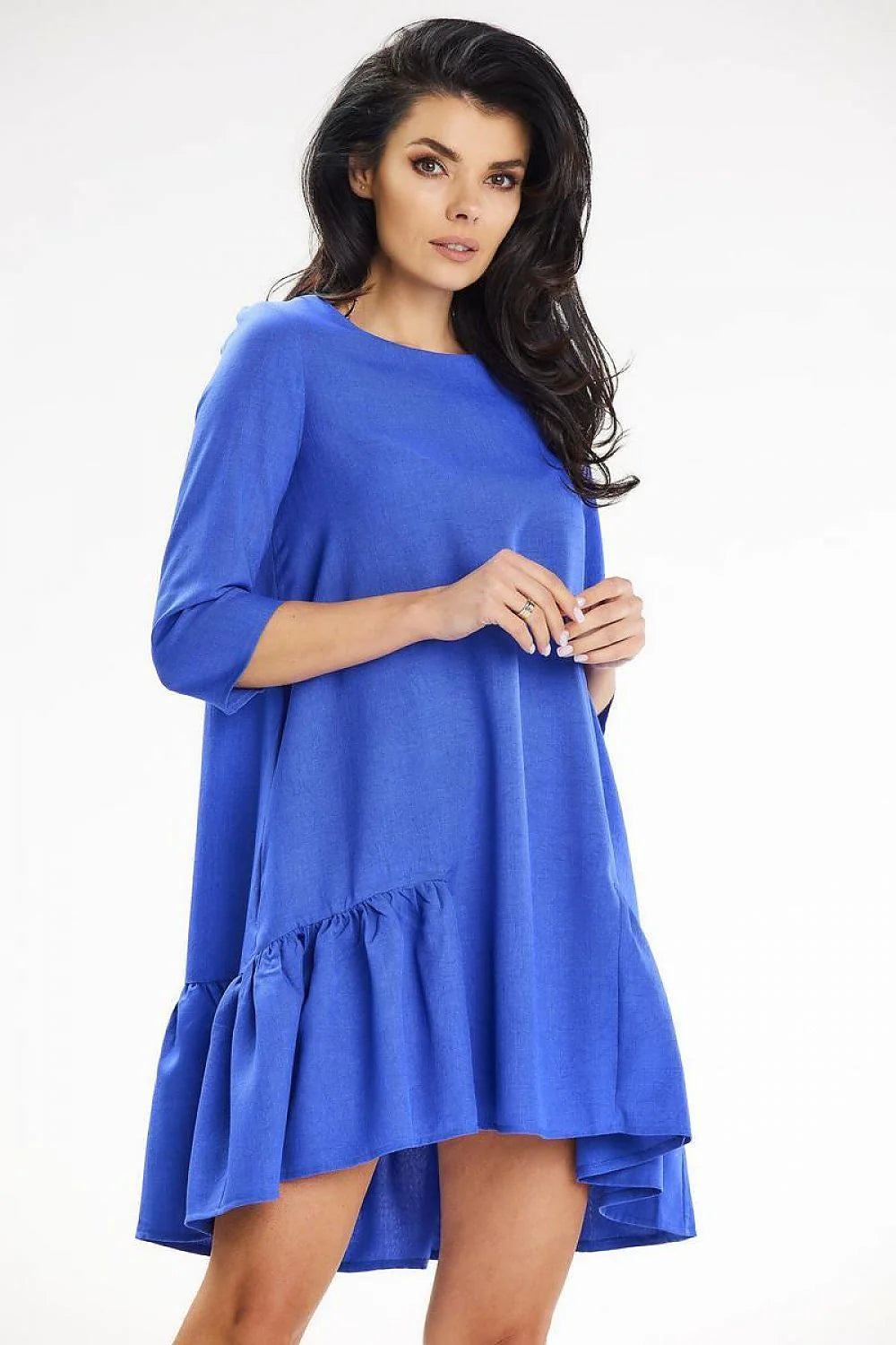 Robe de jour awama coupe trapèze mini manches 3/4 ruffle asymétrique bleu vif polyester femme