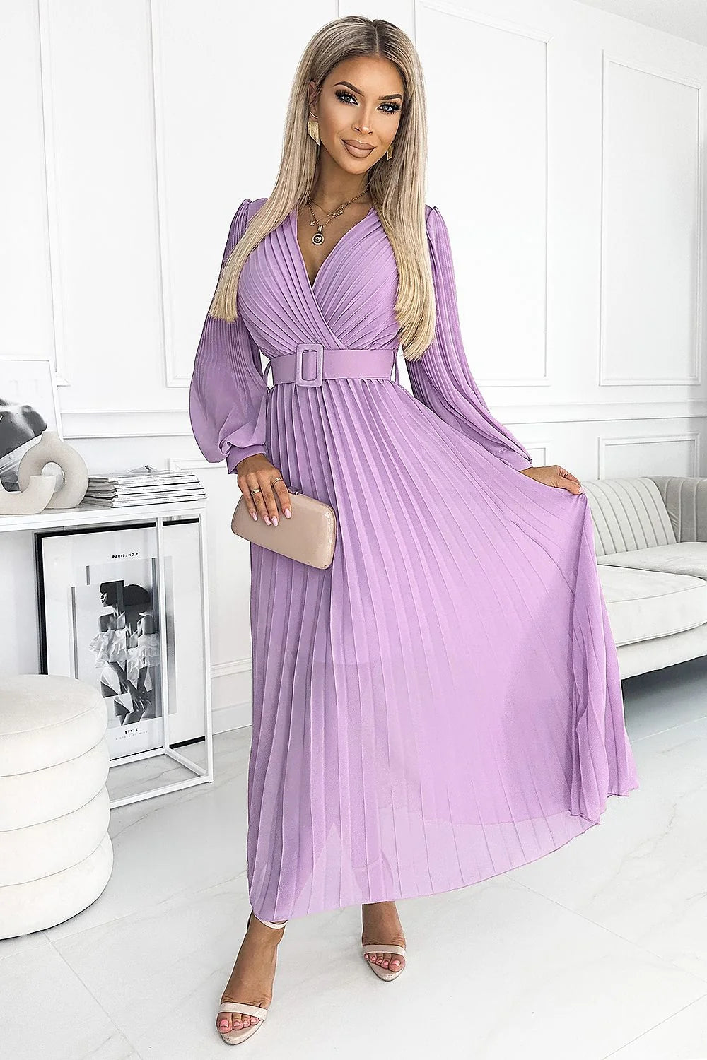 Robe de cocktail élégante longue manches longues en V profond ceinture taille ajustable couleur lilas femme