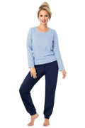 pyjama femme cotonpur doux jersey manches longues encolure ronde motif étoiles petits pois pantalon marine taille élastique bas resserrés confortable