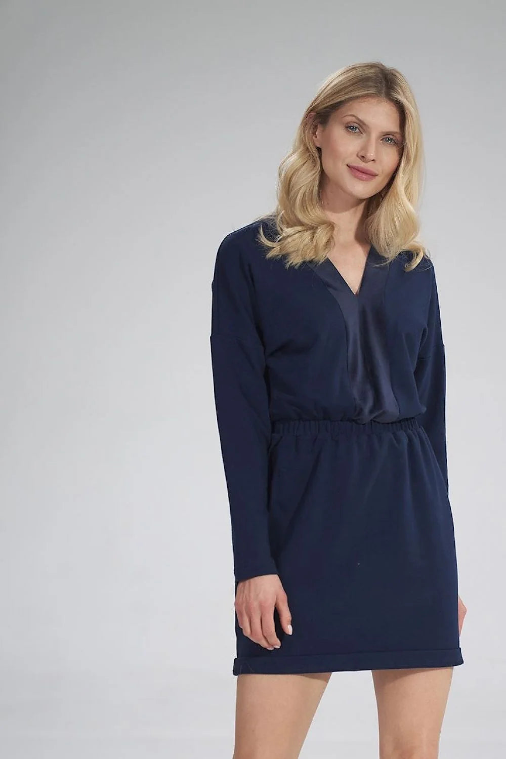 Robe femme coton stretch élégante bleu marine décolleté en V manches longues confortable maison