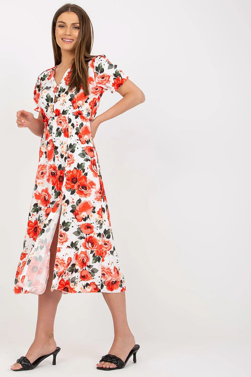 Robe d'été florale femme manches courtes polyester elasthanne fente volant universelle 95% polyester 5% elasthanne