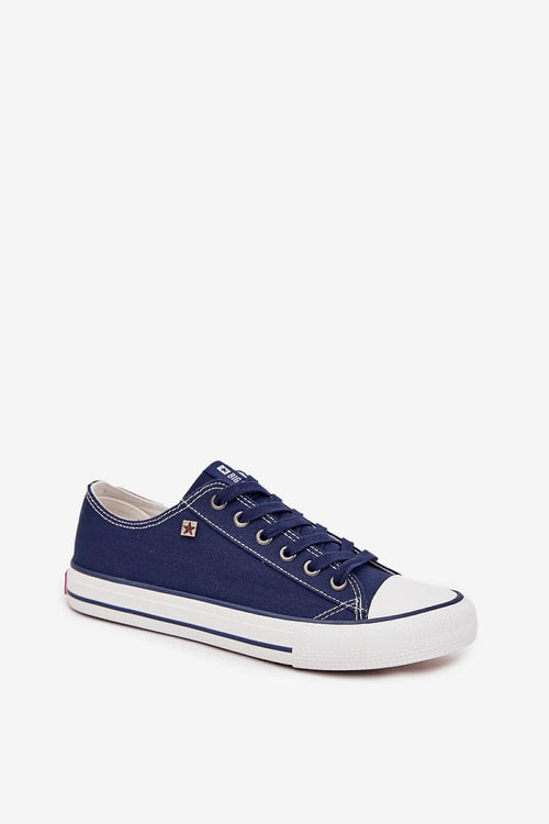baskets femmes BigStar toile bleu marine coupe basse vulcanisée semelle blanche surpiqûres contrastées lacets plats œillets métalliques rétro épurée confortable